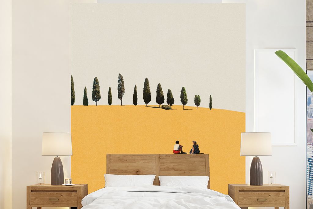 MuchoWow Fototapete für Wohnzimmer oder Schlafzimmer Wandtapete Vinyl Motivtapete Landschaft - Menschen - Gelb - Bäume - Retro - 195x240 cm - G...