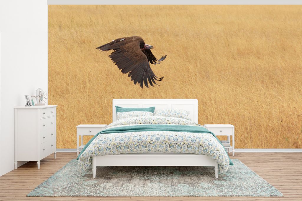 MuchoWow Fototapete für Wohnzimmer oder Schlafzimmer Wandtapete Vinyl Motivtapete Adlervogel fliegt über das goldene Gras - 465x260 cm - Hinter...