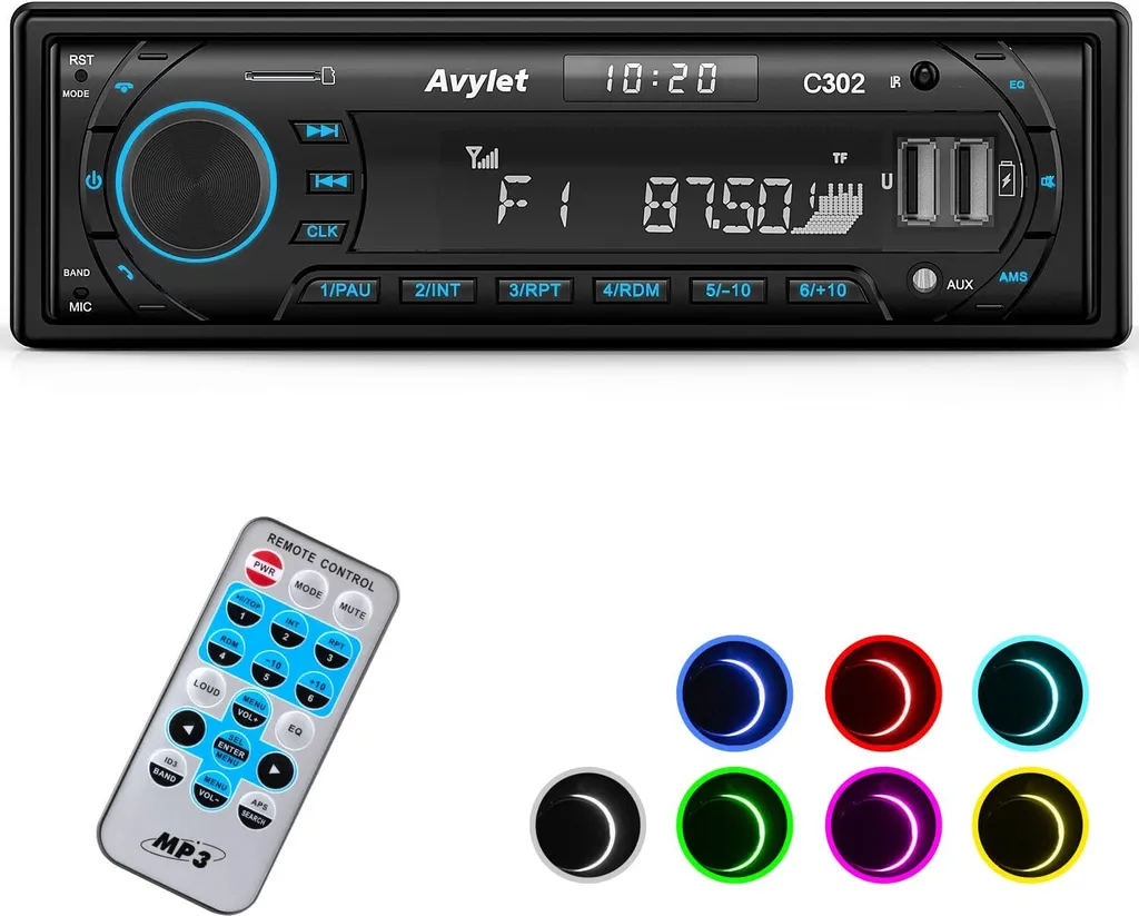 Autoradio Carplay Avylet avec Bluetooth 5.0 et Éclairage 7 Couleurs LED