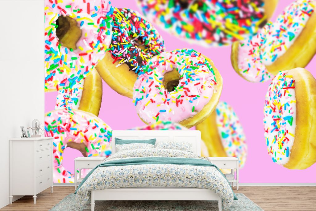 MuchoWow Fototapete für Wohnzimmer oder Schlafzimmer Wandtapete Vinyl Motivtapete Schwimmende Donuts - 360x240 cm - Vinyl-Tapete