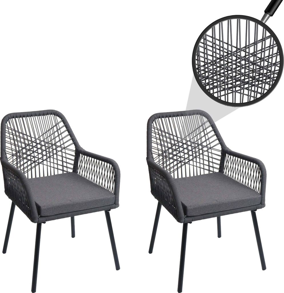 2er-Set Gartenstuhl MCW-O12, Outdoor Sitzpolster Aluminium Seilgeflecht Rope anthrazit, Bezug dunkelgrau