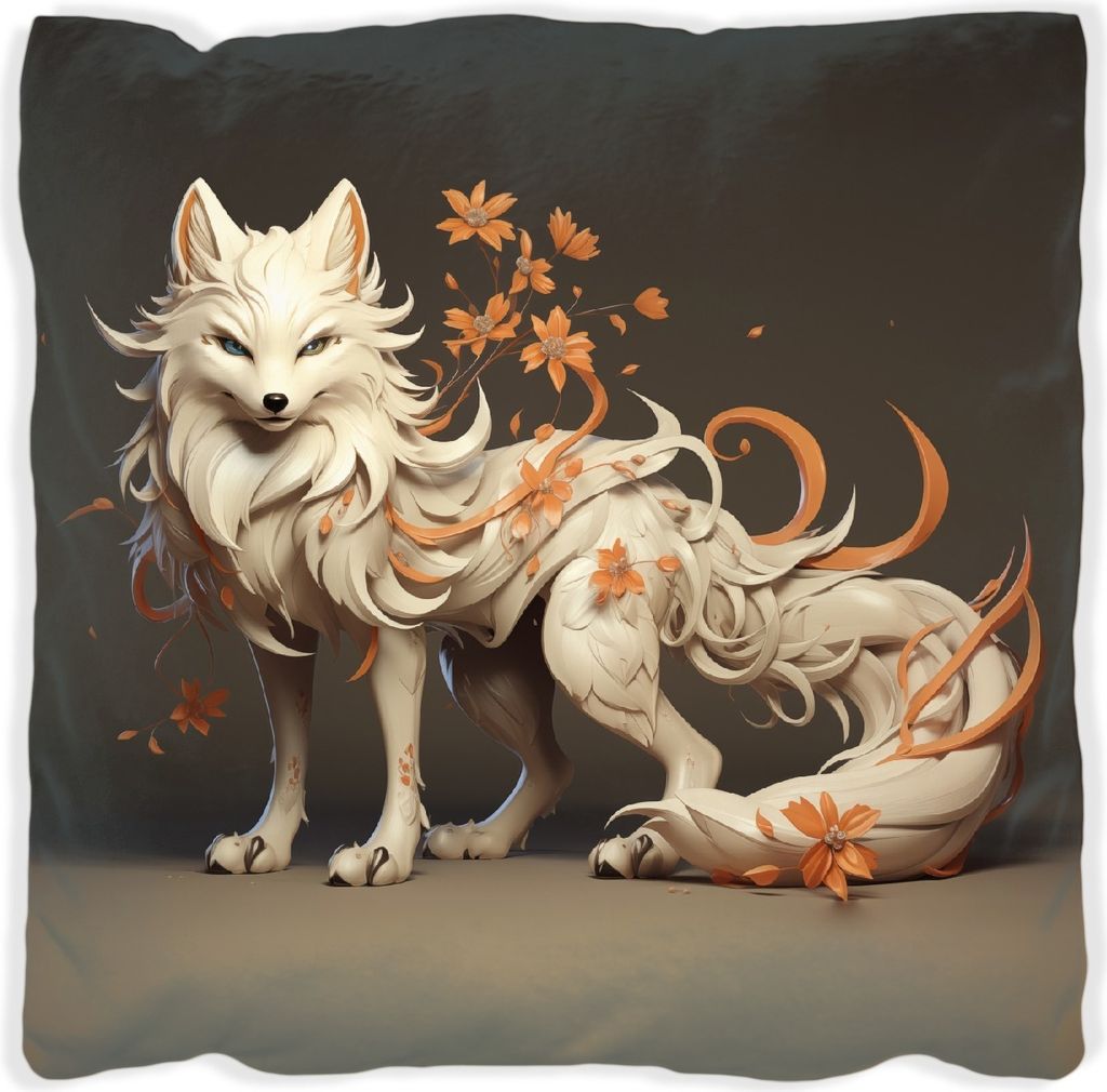 Wallario Premium Kissen, weiche Oberfläche, mit Motiv Magischer Fuchs mit floralen Details, Größe: 60 x 60 cm, mit weißer Rückseite