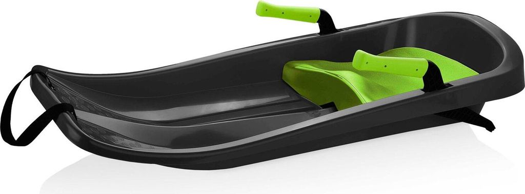 A black and green sled on a white background.