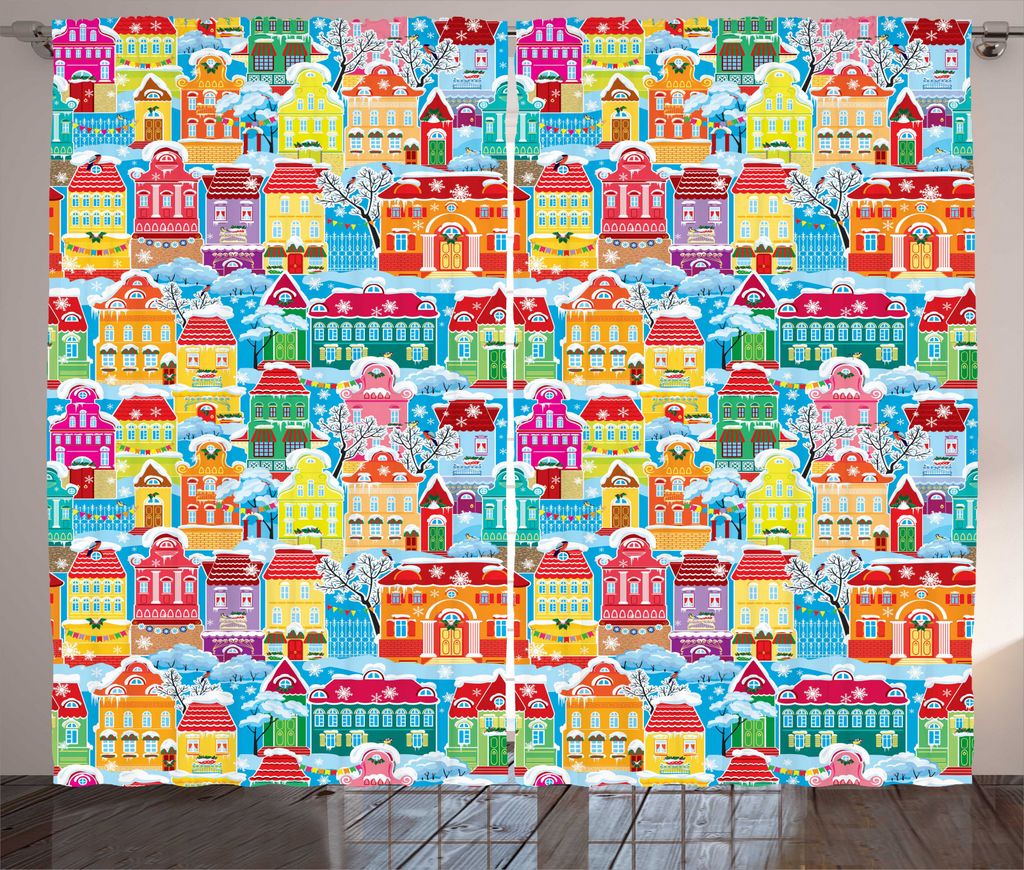 ABAKUHAUS Stadt Rustikaler Vorhang, Ornamental Winter-Muster, Wohnzimmer Universalband Gardinen mit Schlaufen und Haken, 280 x 245 cm, Mehrfarbig