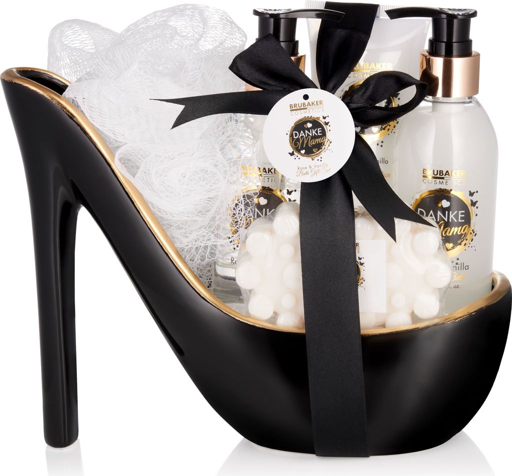 BRUBAKER Cosmetics - Danke Mama - Luxus Beautyset mit Rosen Vanille Duft - Geschenkset in Keramik Stiletto - Badeset Geschenk - Schwarz Weiß