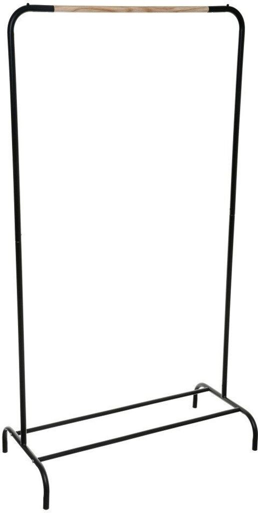 A black metal clothes rack with a wooden bar at the top, shown against a white background.