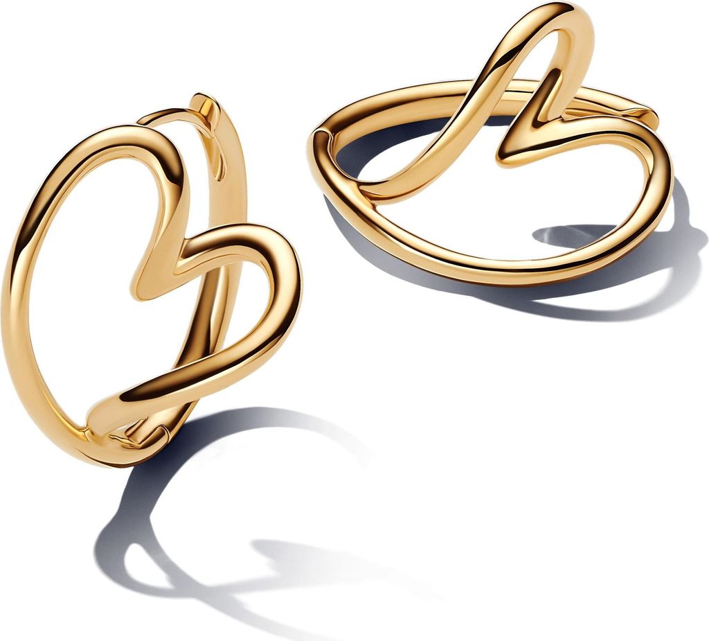 Two gold heart-shaped hoop earrings are displayed on a white background.