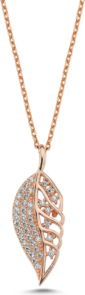 Collier en argent 925 avec feuille or rose et zircone étincelant