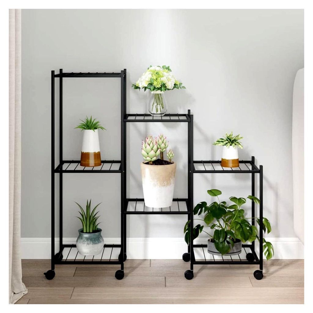 Blumenmöbel mit Rollen 83 x 25 x 83,5 cm schwarzes Eisen, Dekoration für Innen- und Außenbereiche