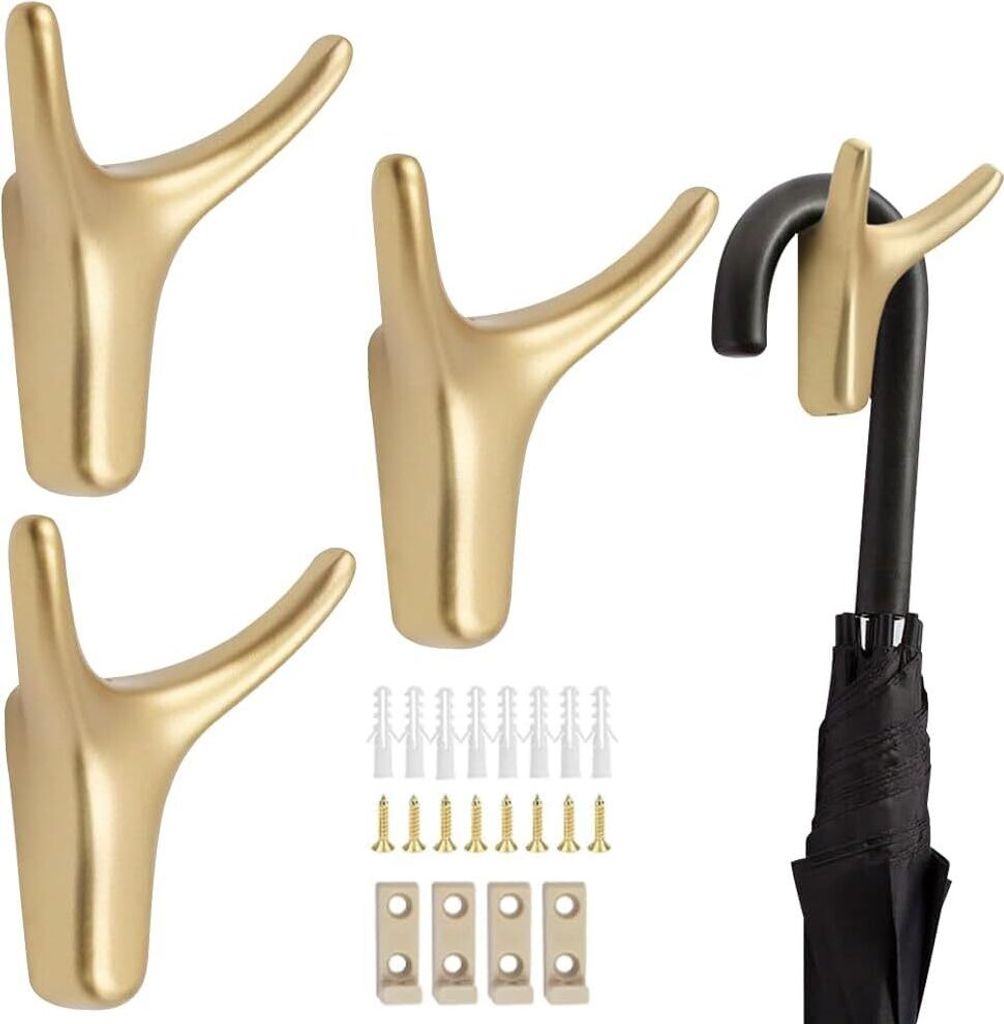 Doppelt Wandhaken, 4 Stück Garderobenhaken Gold mit 8 Schrauben 8 Expansionsrohre 4 Feste Schnalle, Aluminiumlegierung Handtuchhaken für Schlafzi...