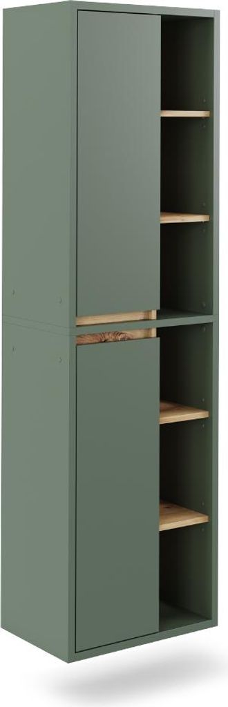 A tall, narrow cabinet with two doors and open shelves on the right side, shown against a white background.