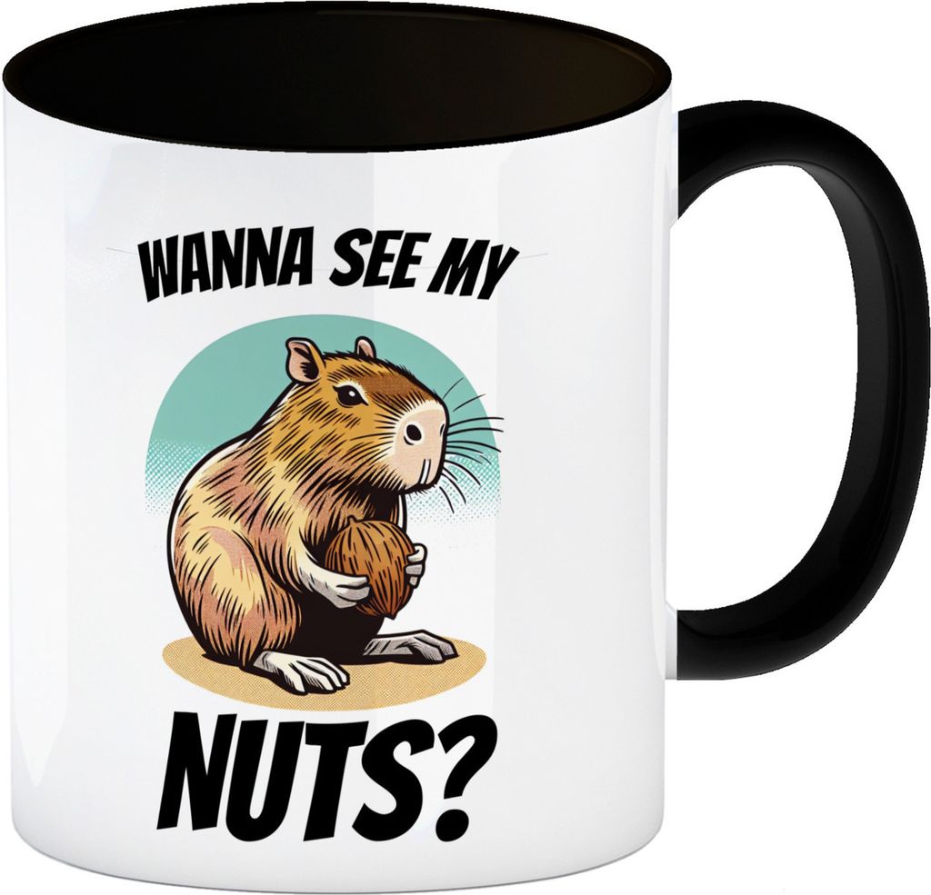 Capybara Kaffeebecher in schwarz mit Spruch Wanna see my Nuts
