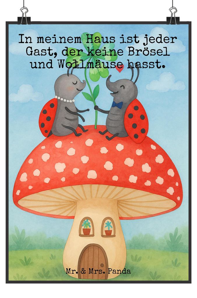 Mr. & Mrs. Panda Bild Marienkäfer Fliegenpilz Design DIN A3 - Weiß - Geschenk, Haus, Plakat, wanddeko, drucke, Zuhause, Lustige Sprüche, Fleigen...