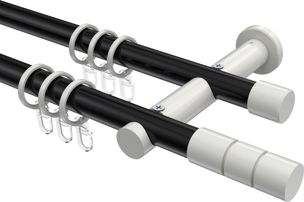 Interdeco Gardinenstange / Vorhangstange Schwarz / Weiß, Typ Platon Elanto (Rillenzylinder), 20 mm Ø 2-läufig, 420 cm