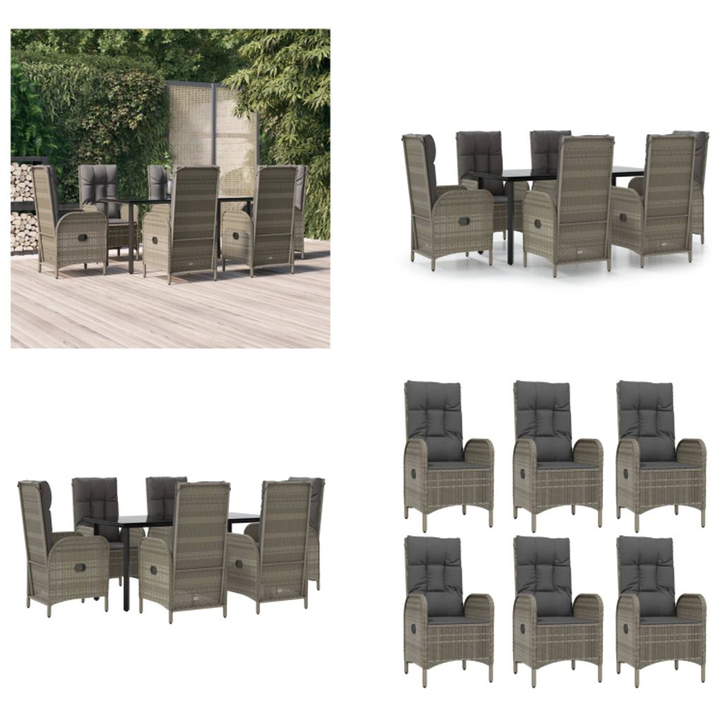 vidaXL 7 tlg. Garten Essgruppe mit Kissen Schwarz und Grau Poly Rattan - Garten Essgruppe - Garten Essgruppen - Essgruppe - Essgruppe Terrasse