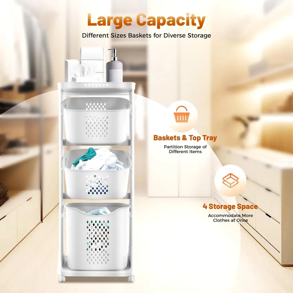 Desserte à linge blanche sur roulettes - Colonne de tri 3 compartiments