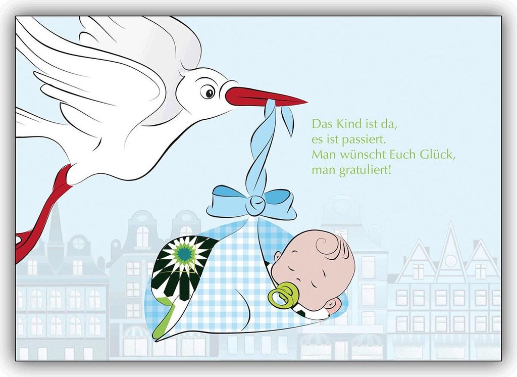 Süße Baby Jungen Glückwunschkarte zur Geburt hellblau mit Storch
