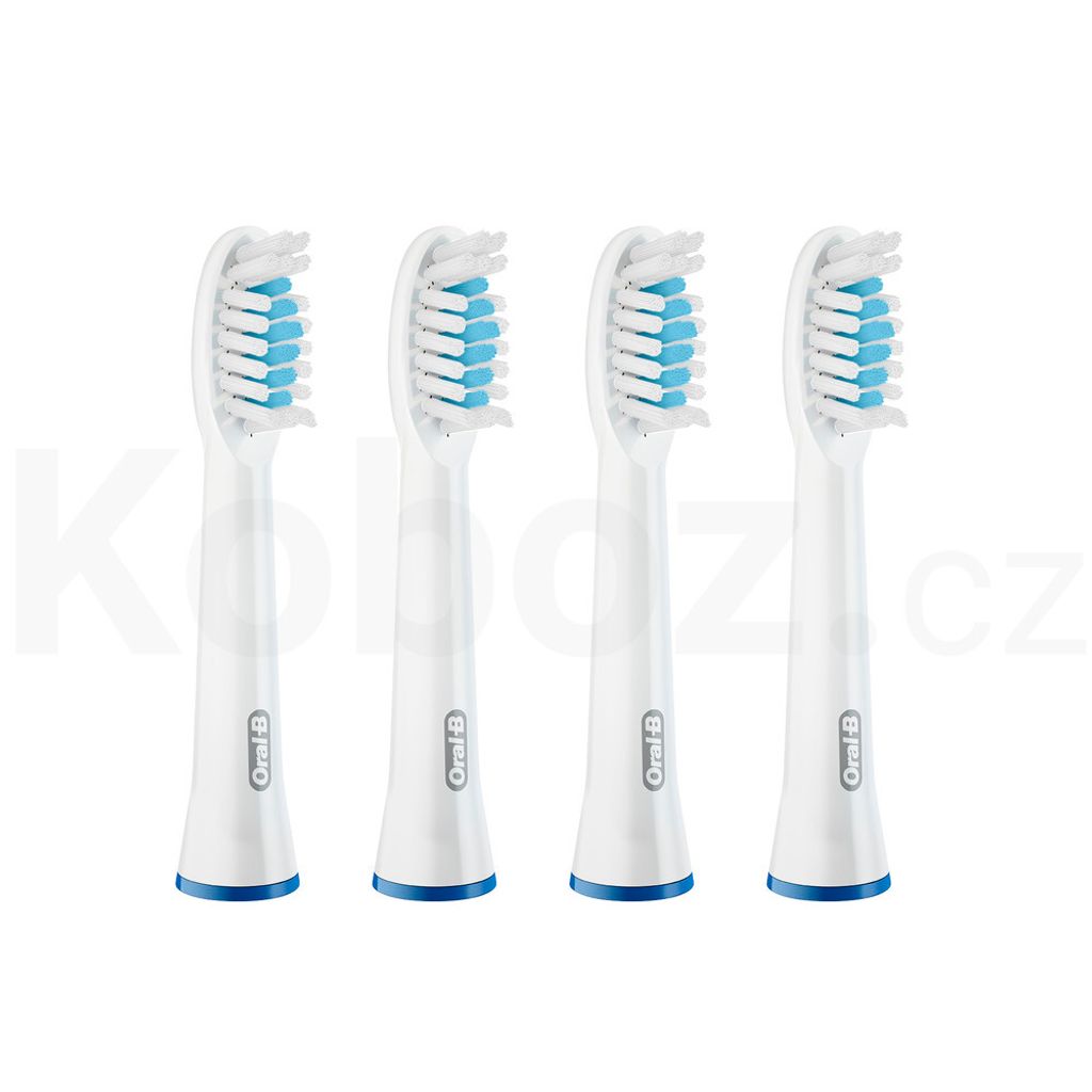 Four white Oral-B toothbrush heads with blue bristles are arranged in a row against a white background.