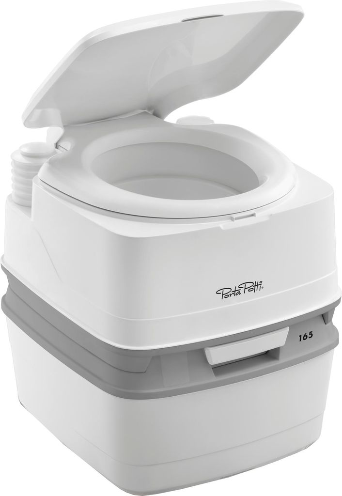 A white and gray portable toilet with the lid open.