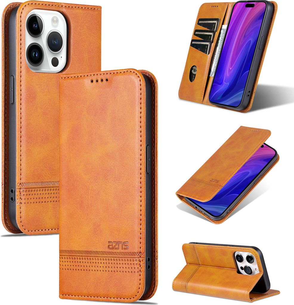 Leder Hülle für iPhone 15 Pro Max, Klapphüllen Brieftasche Magnetverschluss Ständer Schutzhülle Gelb