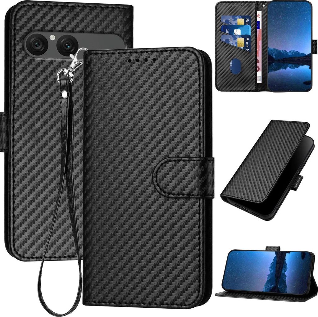 Kunstleder Hülle für Sony Xperia 10 VII Flip mit Kartenfach & Lanyard Schwarz
