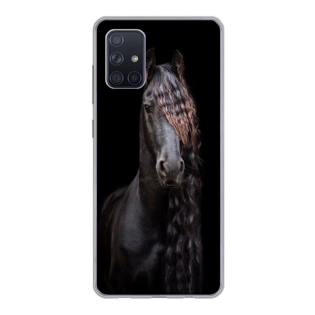 MuchoWow Handyhülle Schutzhülle Hülle für Samsung Galaxy A51 5G Pferde - Friesisch - Mähne - Schwarz - Tiere Silikon Softcase Handy Hülle -...