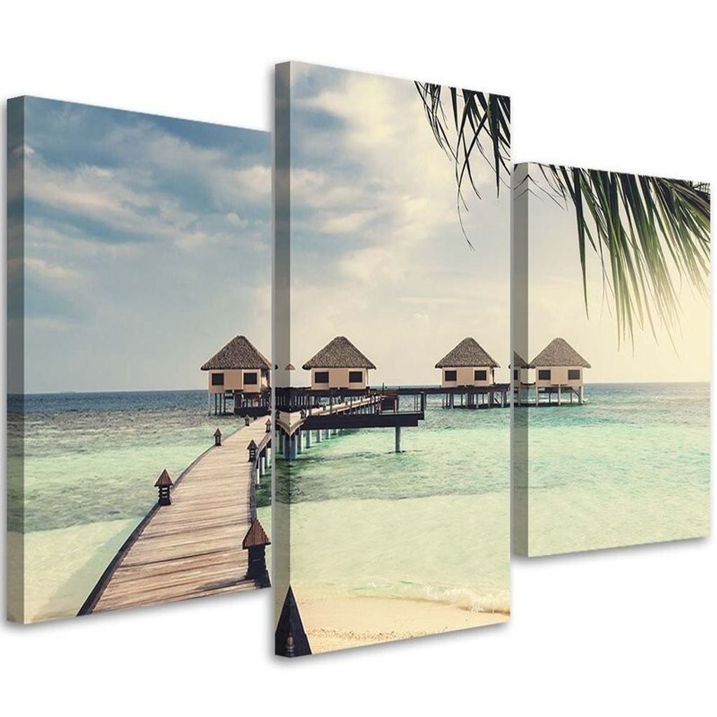 Triptychon auf leinwand häuschen am wasser in den tropen 90x60 cm Feeby blau wandbild bereit zum aufhängen