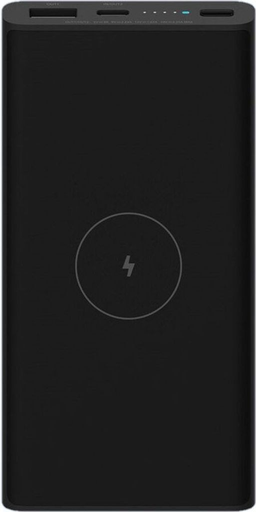A black power bank with a wireless charging symbol in the center.