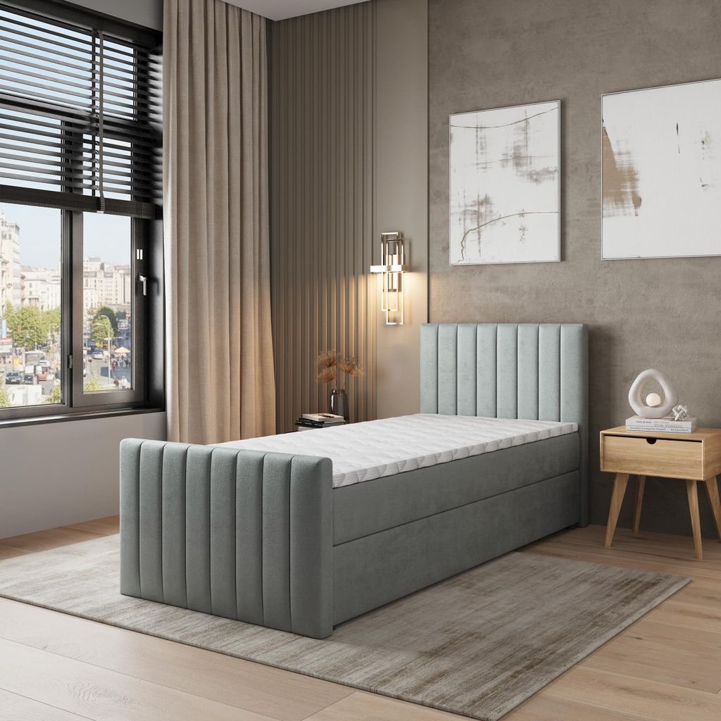 Masseno Boxspringbett ARION 100 100x200 cm Komplett-Set mit Bonell Matratze und Topper, Polsterbett mit Bettkästen -Hellgrau, PAROS 05