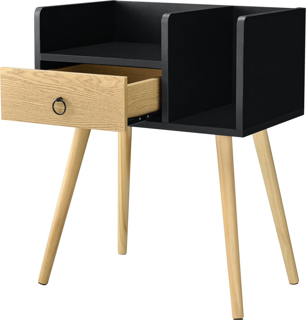 [en.casa] Beistelltisch mit Schublade Kommode Schwarz-Holz Nachttisch mit 2 Ablagen 64 x 50 x 36 cm Nachtschrank Retro Nachtkommode