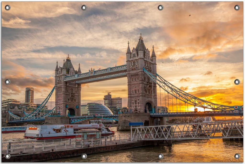 Wallario Outdoor-Poster für Garten oder Balkon, Motiv Tower Bridge - London bei Sonnenuntergang, in ca. 80 x 120 cm