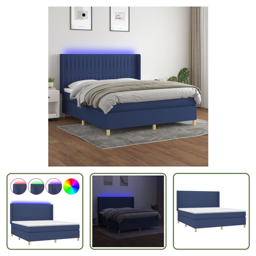 The Living Store Boxspringbett mit Matratze & LED Blau 160x200 cm Stoff