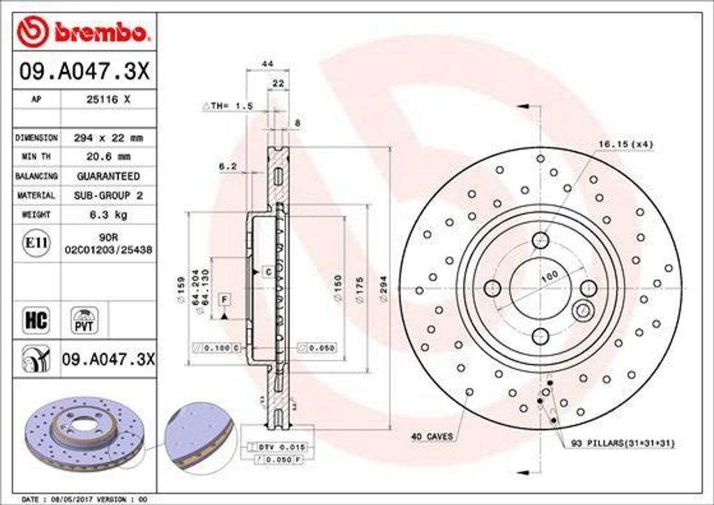 BREMBO 09.A047.3X Bremsscheibe OE 34116774986 kompatibel mit Mini Roadster, Mini, Clubman