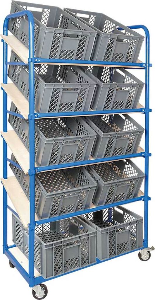Schrägbodenwagen, 5 Ebenen, 4 Lenkrollen + 10 Euroboxen, 600x400x240mm, grau