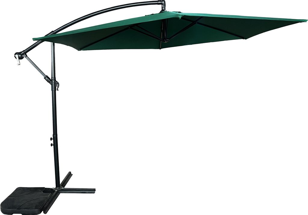 A dark green cantilever umbrella with a black frame and base, shown against a white background.