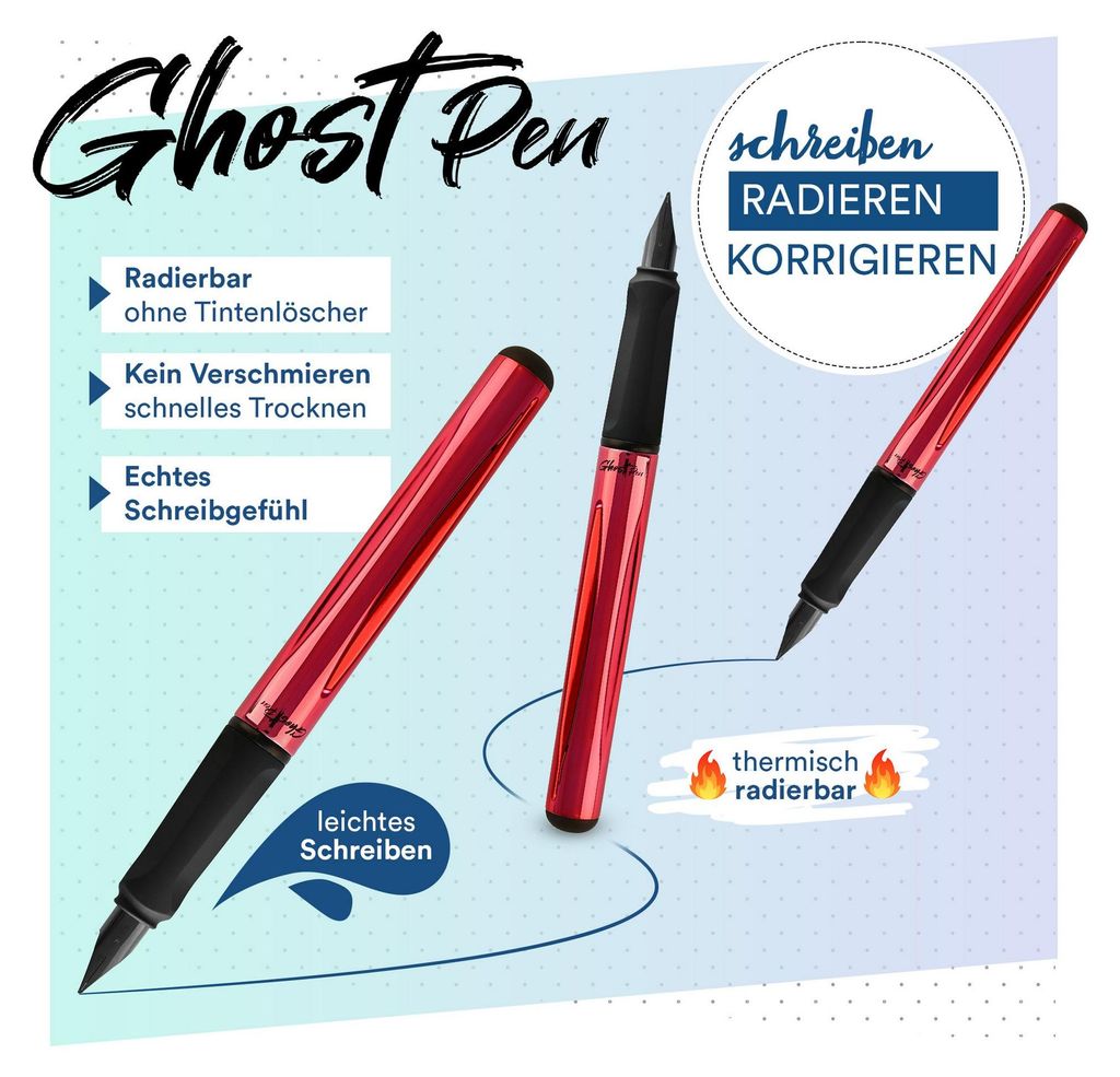 McNeill Ghost Pen Füller mit radierbare Tinte ergonomisch nachfüllbar für Rechts- und Linkshänder metallic ROT