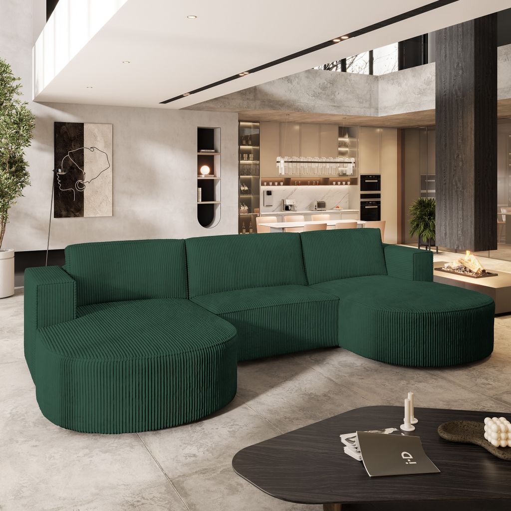 Masseno Ecksofa VEZZO P mit Schlaffunktion U-Form, Sofa mit Bettkasten, Wohnzimmersofa, Couch, Soffa, Bettsofa, Couchgarnitur- Grün, POSO 14