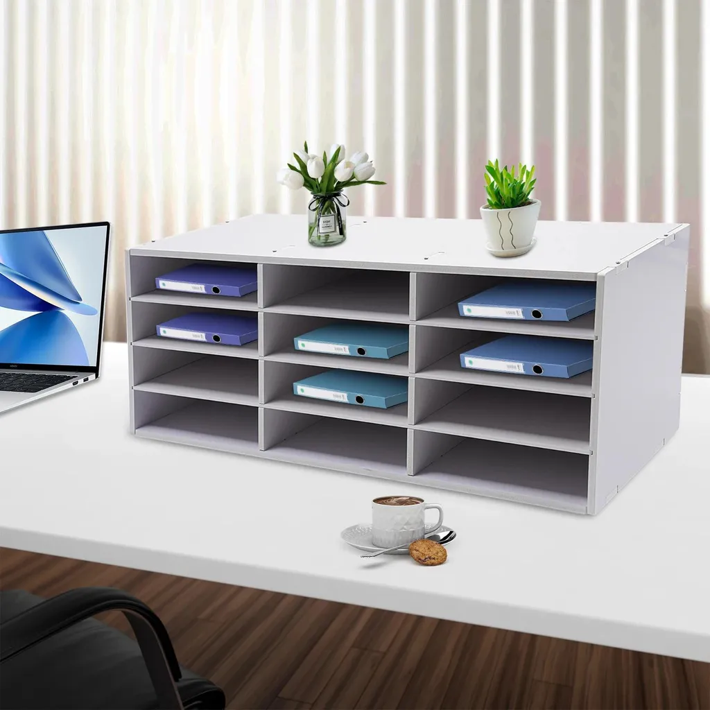 Rangement bureau 12 compartiments - Organiseur PVC blanc multi-niveaux - 2