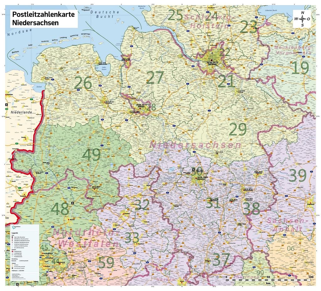 XL Postleitzahlenkarte von Niedersachsen mit Laminierung, Wandkarte, 100 cm x 110 cm