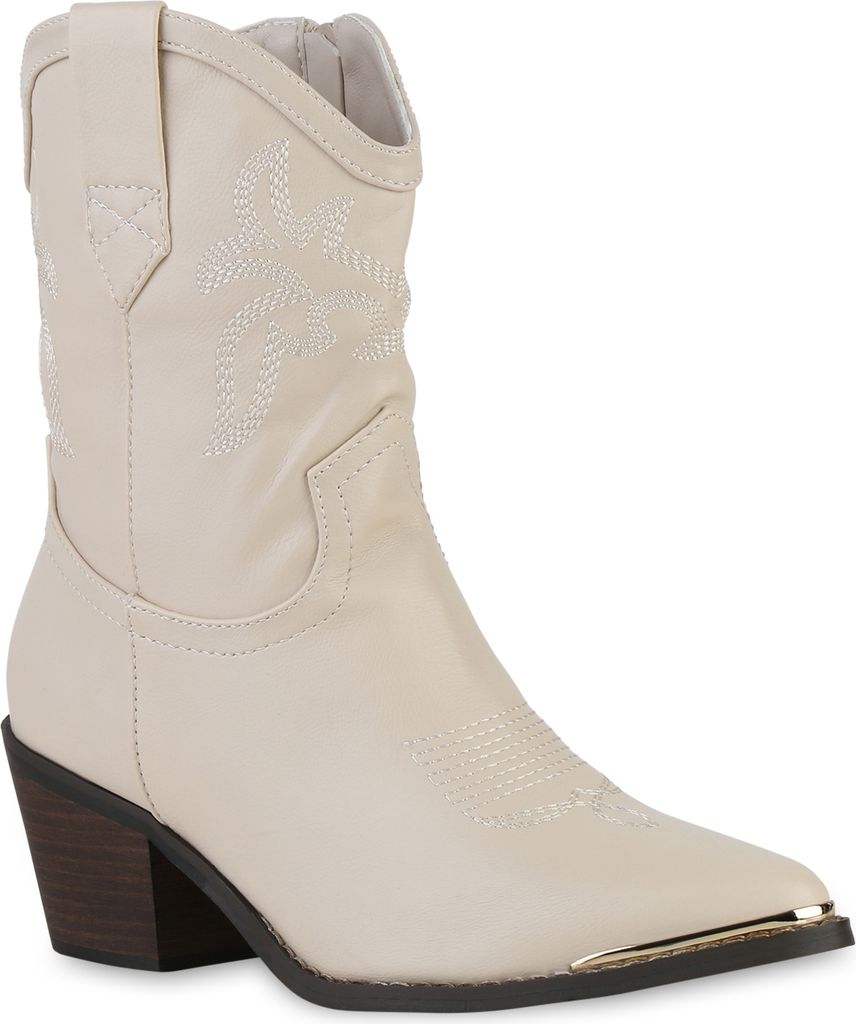 VAN HILL Damen Cowboy Boots Stiefeletten Stickereien Schuhe 839934, Farbe: Beige, Größe: 37