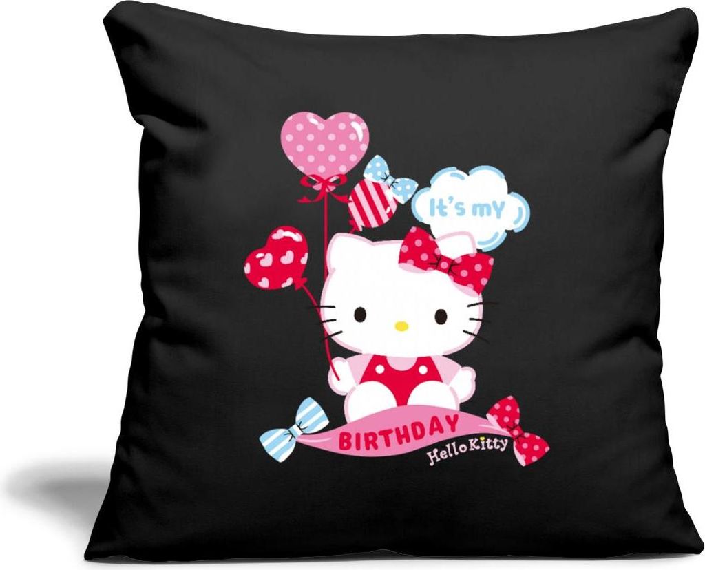 Spreadshirt Hello Kitty Mit Ballons Mein Geburtstag Kissenbezug 45x45 cm, One size, Schwarz
