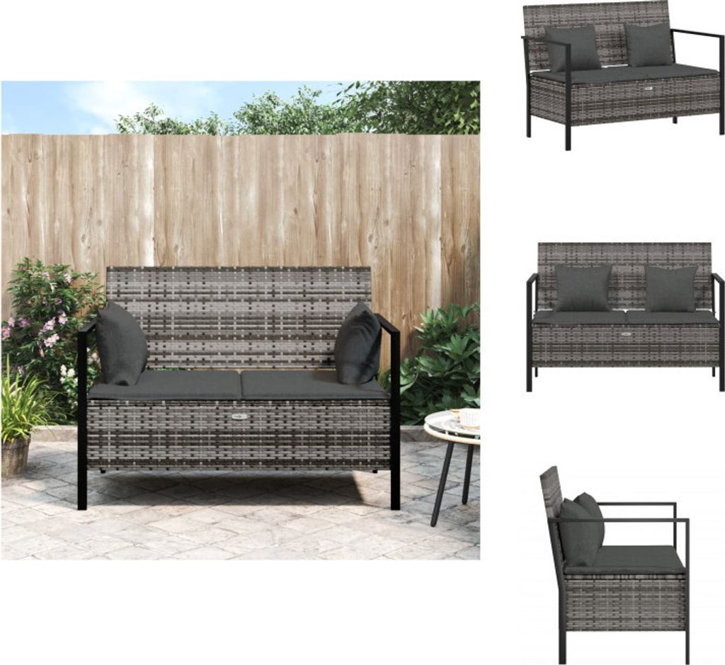 vidaXL Gartenbank 2-Sitzer mit Kissen Grau Poly Rattan - Gartenbänke