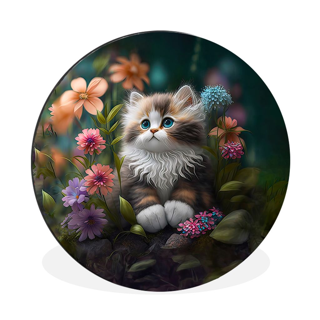 MuchoWow Aluminium Wandkreis Kätzchen - Illustration - Blumen - Natur - Katze Ø 60 cm Wanddeko Modern Wohnzimmer - Wand Kreis - Wandbild - Schl...