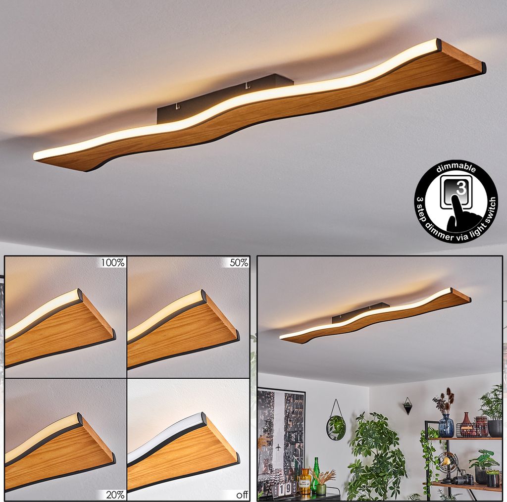 Pobbio dimmbare Deckenlampe aus Metall/Holz/Kunststoff in Schwarz/Natur/Weiß