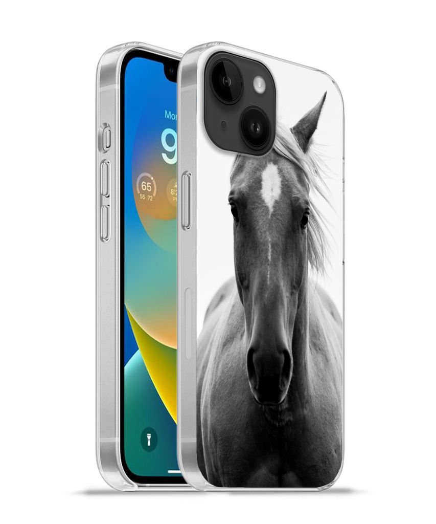 MuchoWow Handyhülle Schutzhülle Hülle für Apple iPhone 14 - Softcase Pferd - Schwarz - Weiß - Porträt Silikon Softcase Handy Hülle - Mobil...