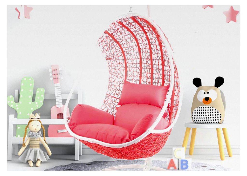 Komplettset: Hängesessel in Pink mit Gestell und Kissen, Poly-Rattan, Schaukel, Lounge weiß, Coral