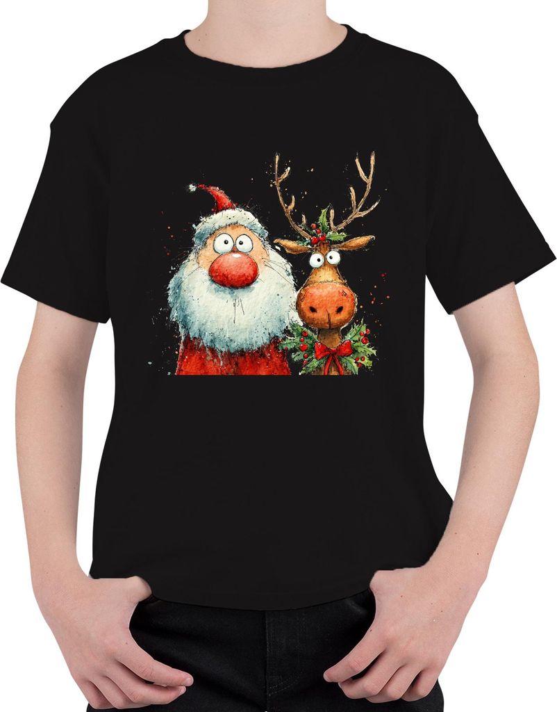 Lustiger Weihnachtsmann und Rentier Aquarell Weihnachten Geschenk Uni Kinder T-Shirt, Schwarz, 104