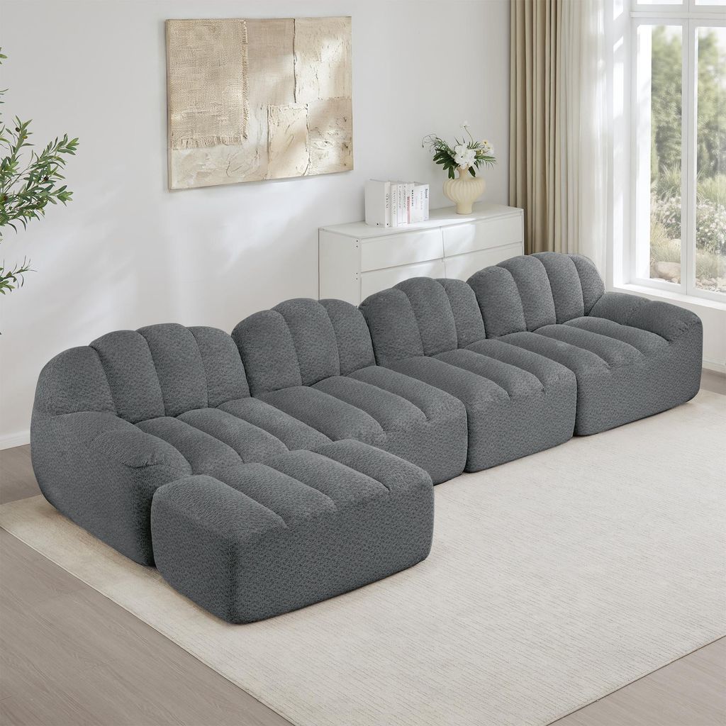 4-Sitzer Modulares Sofa mit 1 Ottomane, Muschelform, Boneless Design, 32D Hochdichtschaum, tiefe Sitzfläche, weicher Stoff, Wohnzimmer Couch