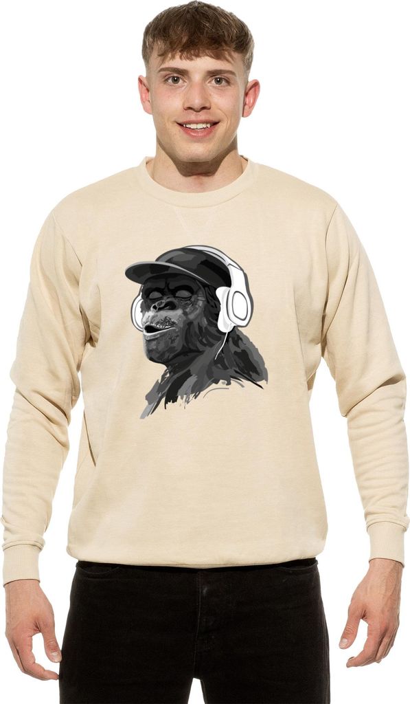 Cotton Prime Sweatshirt Affe Pullover mit Print, Monkey mit Kopfhörer XXL Beige