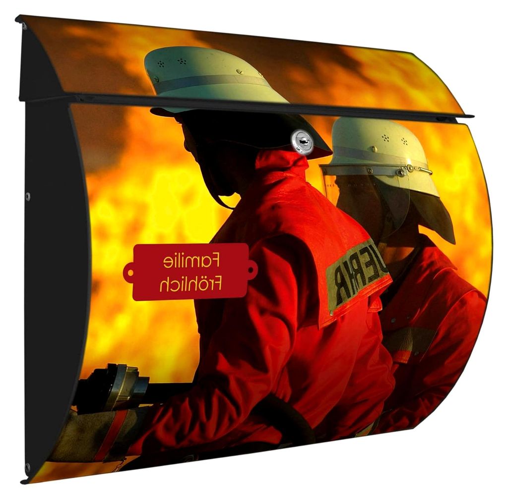 Briefkasten anthrazit aus Stahl mit Motiv Feuer, personalisierbar, ohne Zeitungsfach, mit Kippdach und Öffnungsstopp, 2 Schlüssel